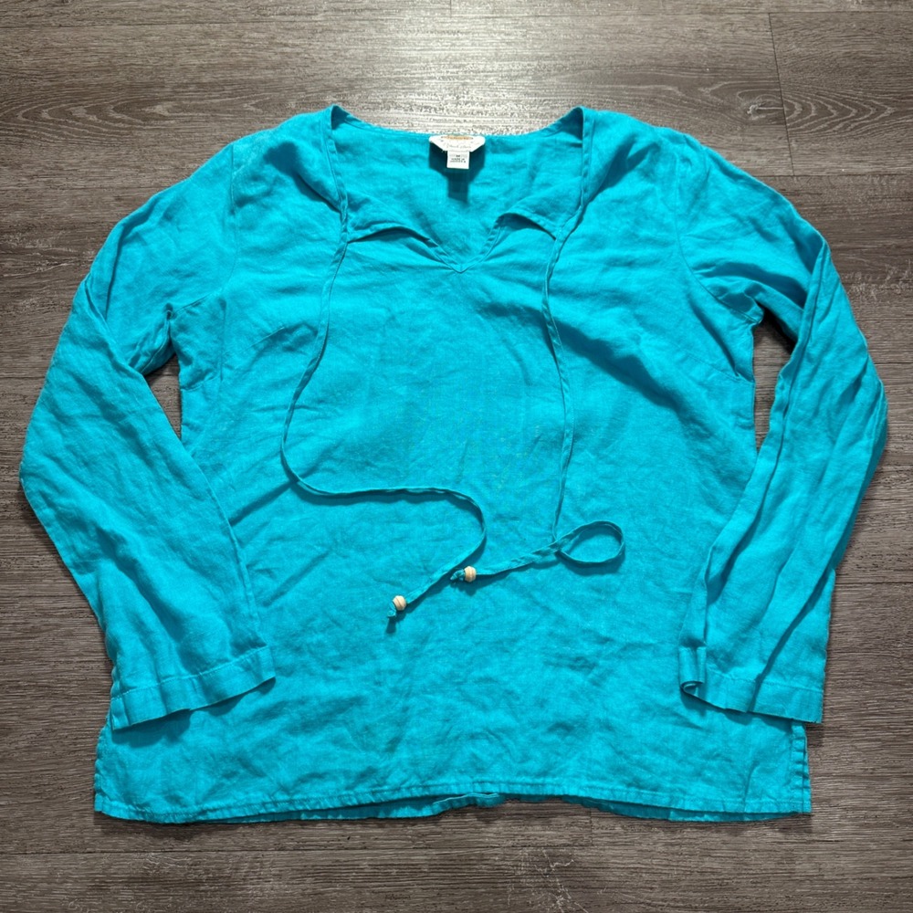 Talbots Shirt Womens M Blue Linen Tie Neck Coastal Summer‎ Beachy Preppy Boho